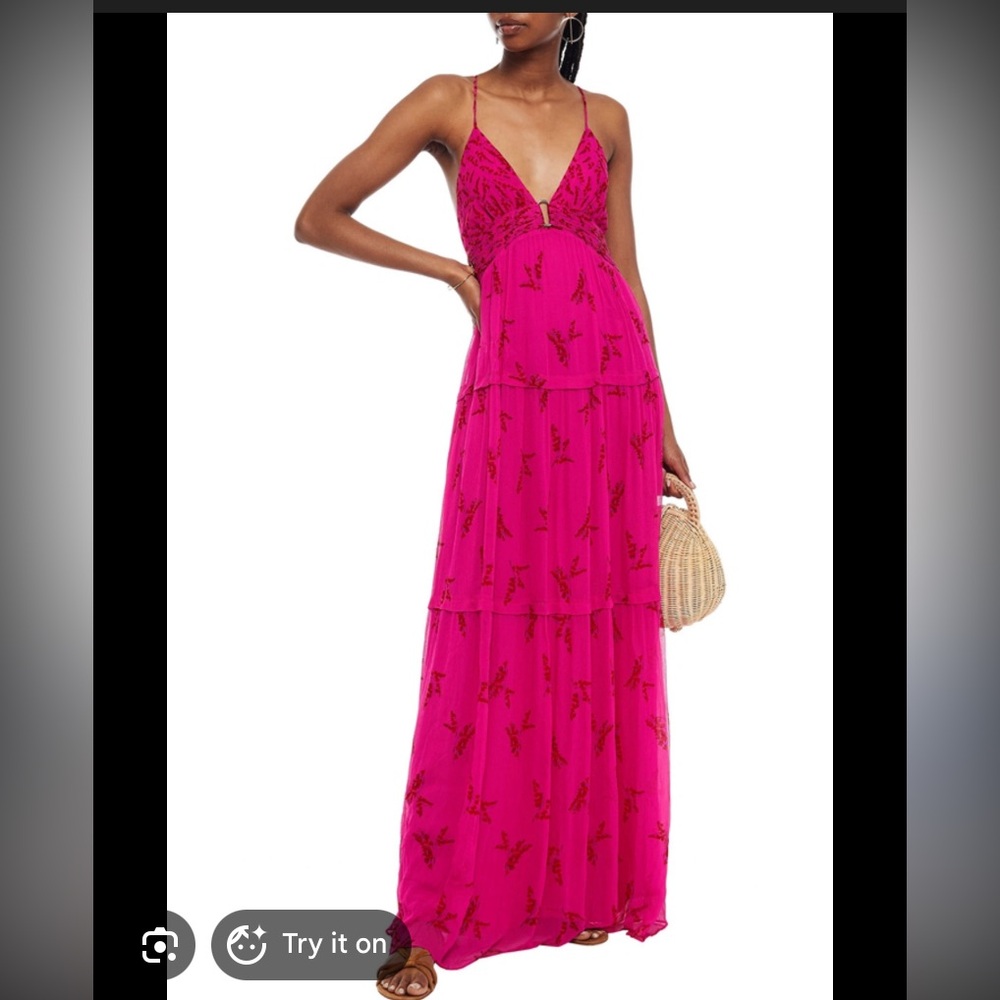 ba&sh Fuchsia Pink Tiered Maxi Dress with Spaghetti Straps